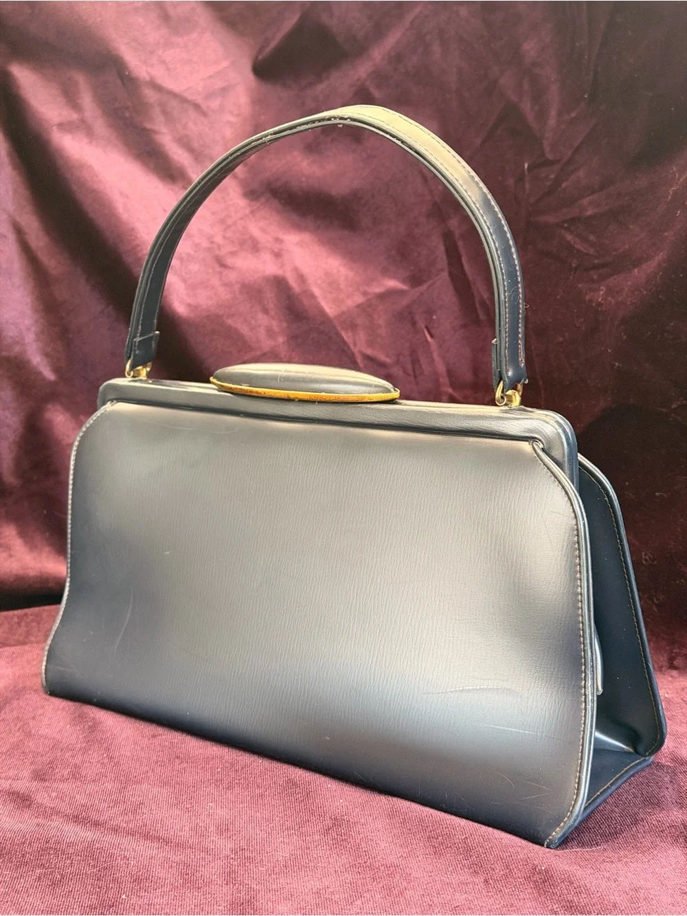 Vintage Structured Classic Navy Blue Top-Handle Satchel
